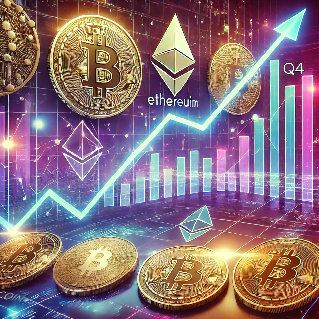 Graph showing rising cryptocurrency market trends for Bitcoin, Ethereum, Chainlink, Polkadot, Solana, and Arbitrum in Q4 2024.